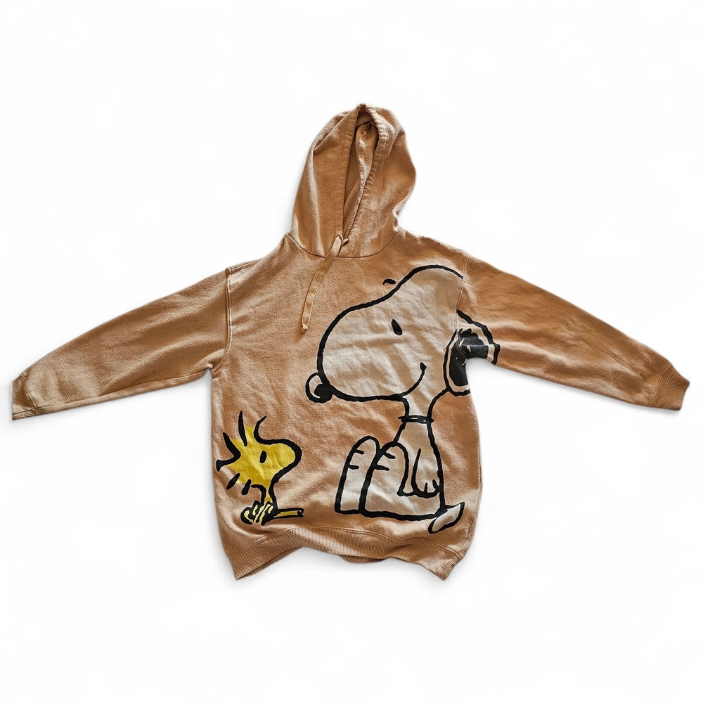 Peanuts Snoopy & Woodstock Tan Hoodie Small • Cartoon Graphic Pullover